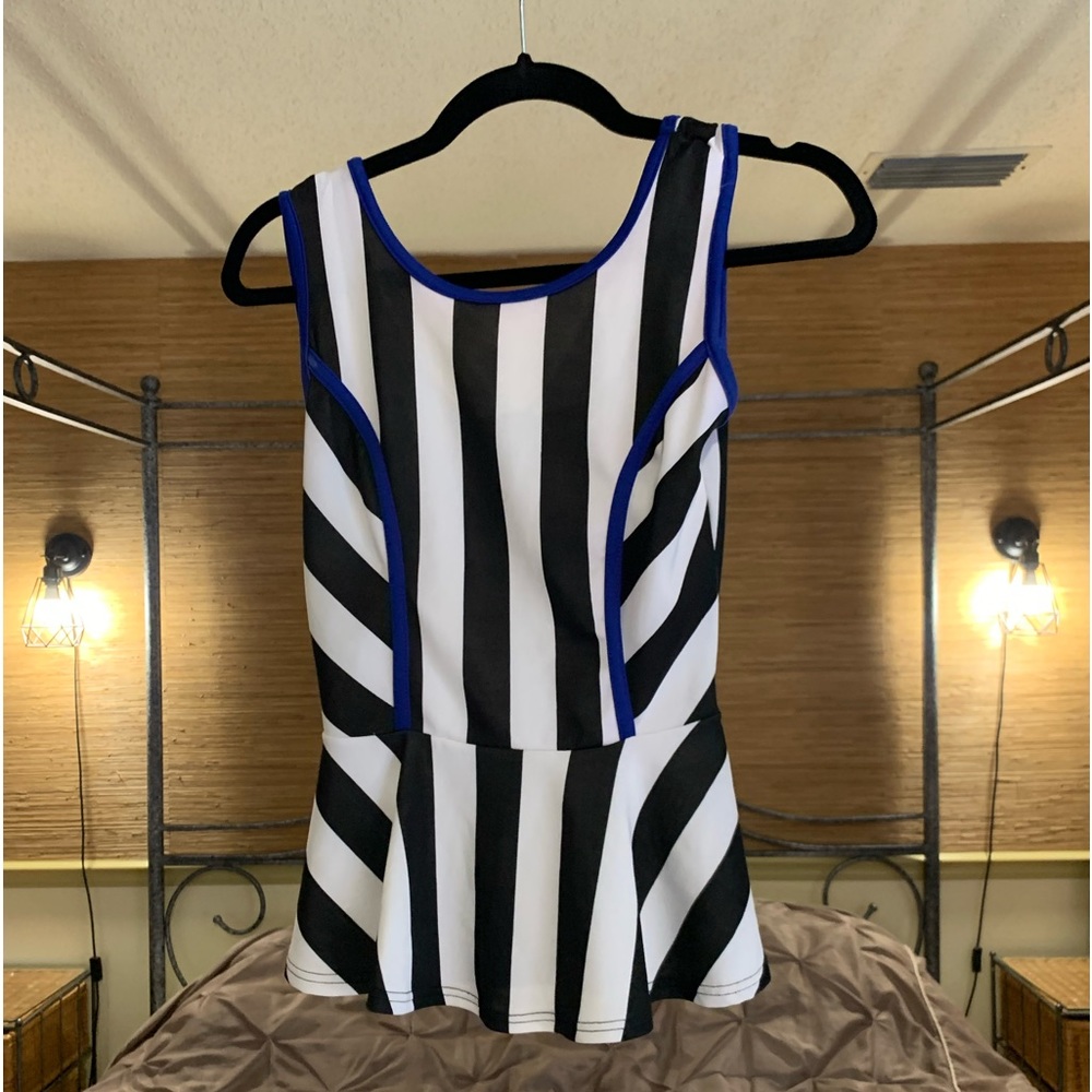Sexy Tight Vertical Black and White stripe Women’s Top with Blue Rim.